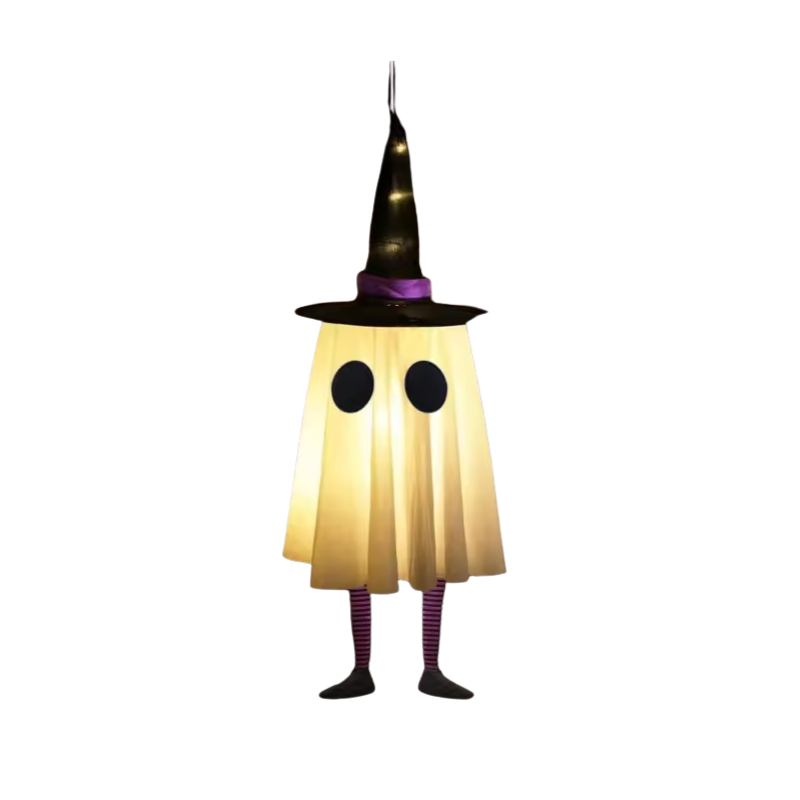 SpookyGlow – Hanging Ghost Lamp with Witch Hat Charm