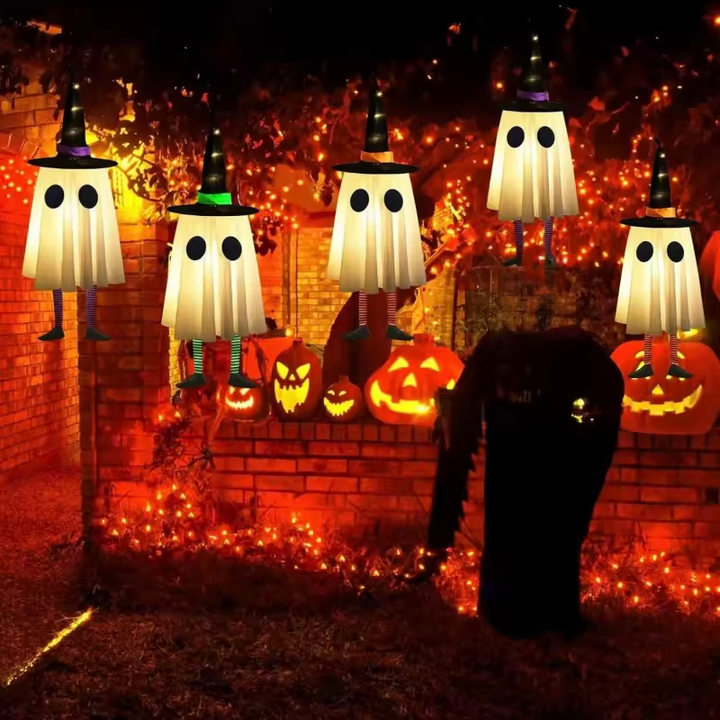SpookyGlow – Hanging Ghost Lamp with Witch Hat Charm
