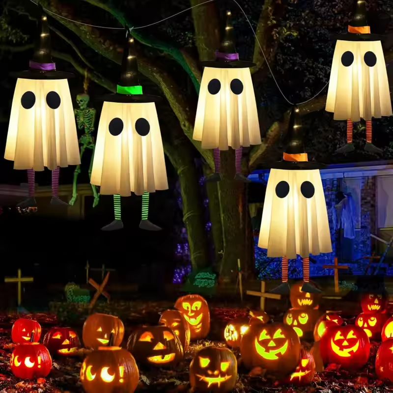 SpookyGlow – Hanging Ghost Lamp with Witch Hat Charm