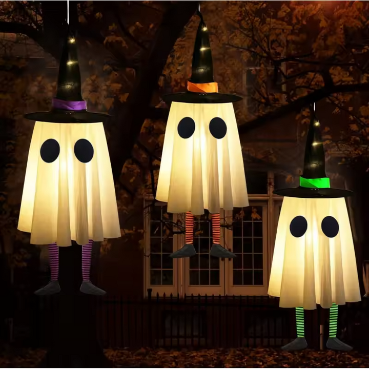SpookyGlow – Hanging Ghost Lamp with Witch Hat Charm