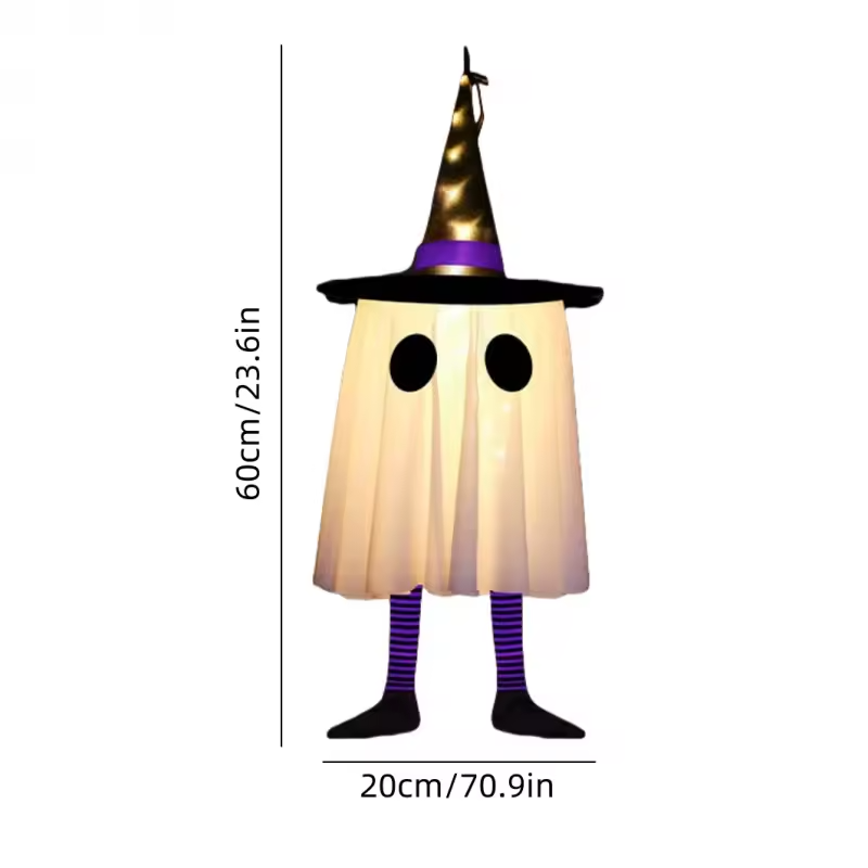 SpookyGlow – Hanging Ghost Lamp with Witch Hat Charm