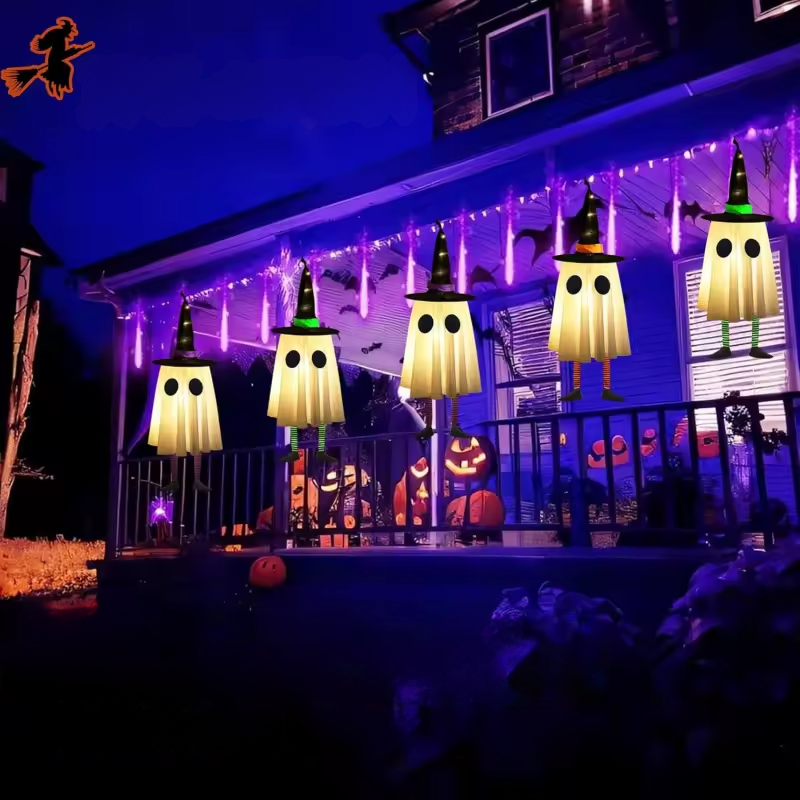 SpookyGlow – Hanging Ghost Lamp with Witch Hat Charm