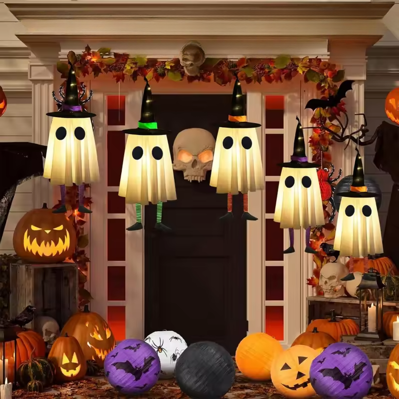 SpookyGlow – Hanging Ghost Lamp with Witch Hat Charm